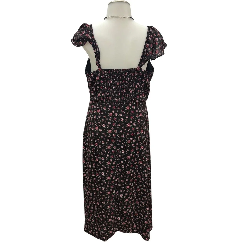 Lola Grace Floral Midi Dress Womens Medium Black Pink Flutter Sleeve Cottagecore